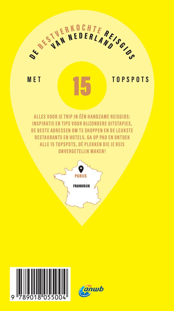Gele reisgids 'De bestverkochte reisgids van Nederland' met 15 topstops, inclusief een kaart van Parijs, Frankrijk.