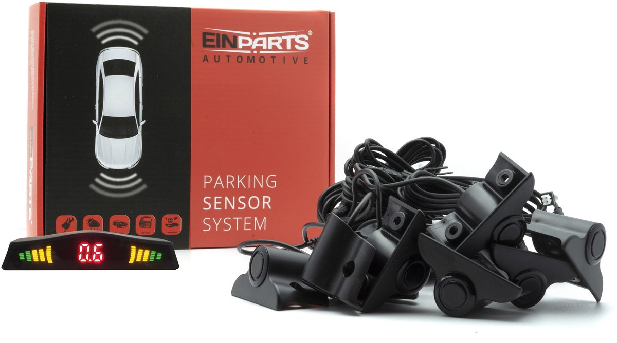 Einparts Parkeersysteem Met 8 Sensoren Voor Installatie, Inclusief Display En Bedieningseenheid.