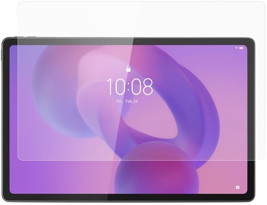 Transparante screenprotector op een tablet met paars en roze achtergrond.