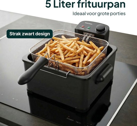 Frituurpan - 5 Liter - 3 Manden - Kijkvenster - Friteuse - Koude Zone - Zwart- Vivid Green