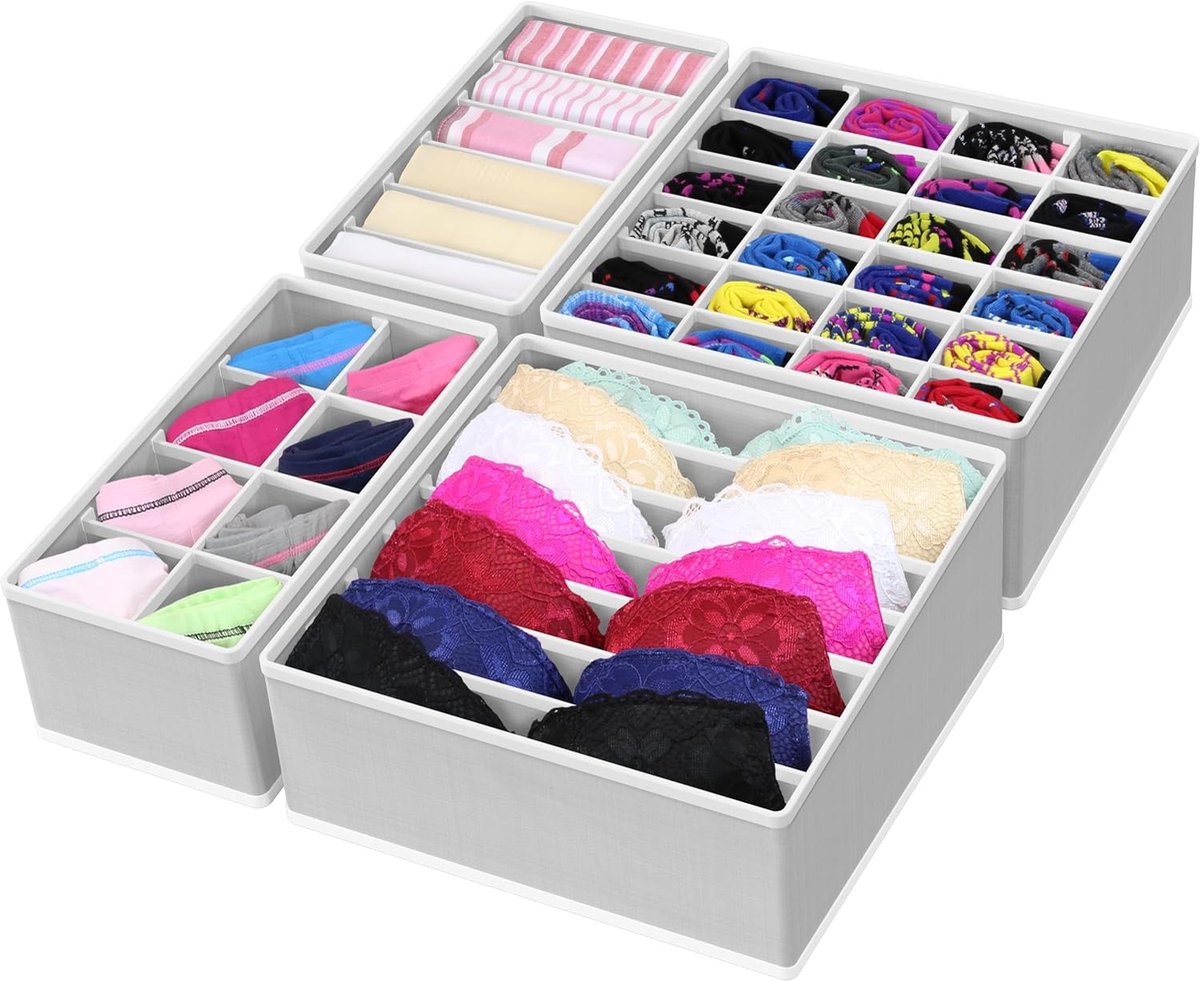 4-Delige Lade-Organizer Set voor Sokken, Ondergoed en Accessoires - Grijs