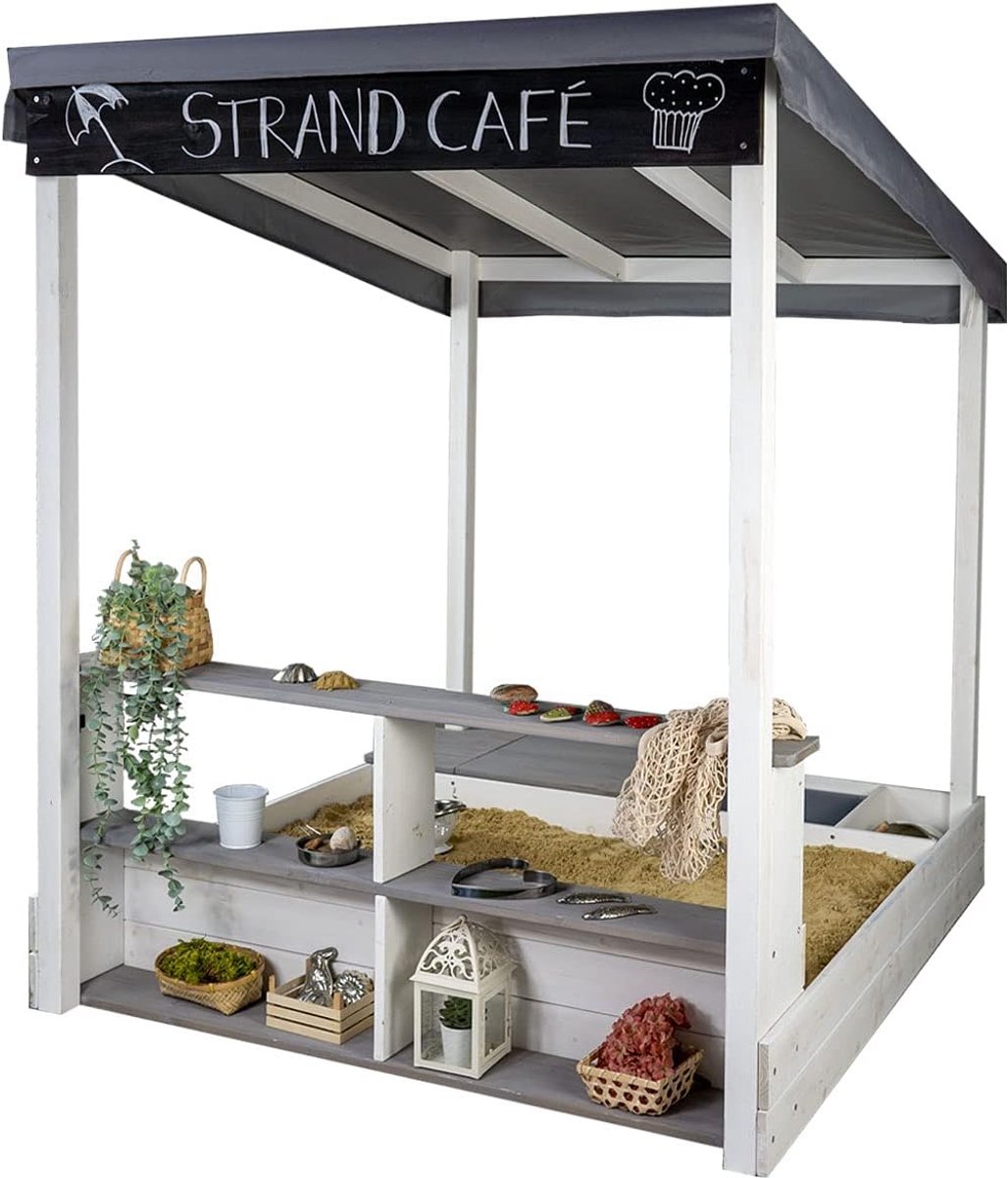 Zandbak Speelhuisje - Buitenspeelgoed Tuin - Kinderen Spelen - Met Krijtbord - Hout en Plastic - Wit Grijs