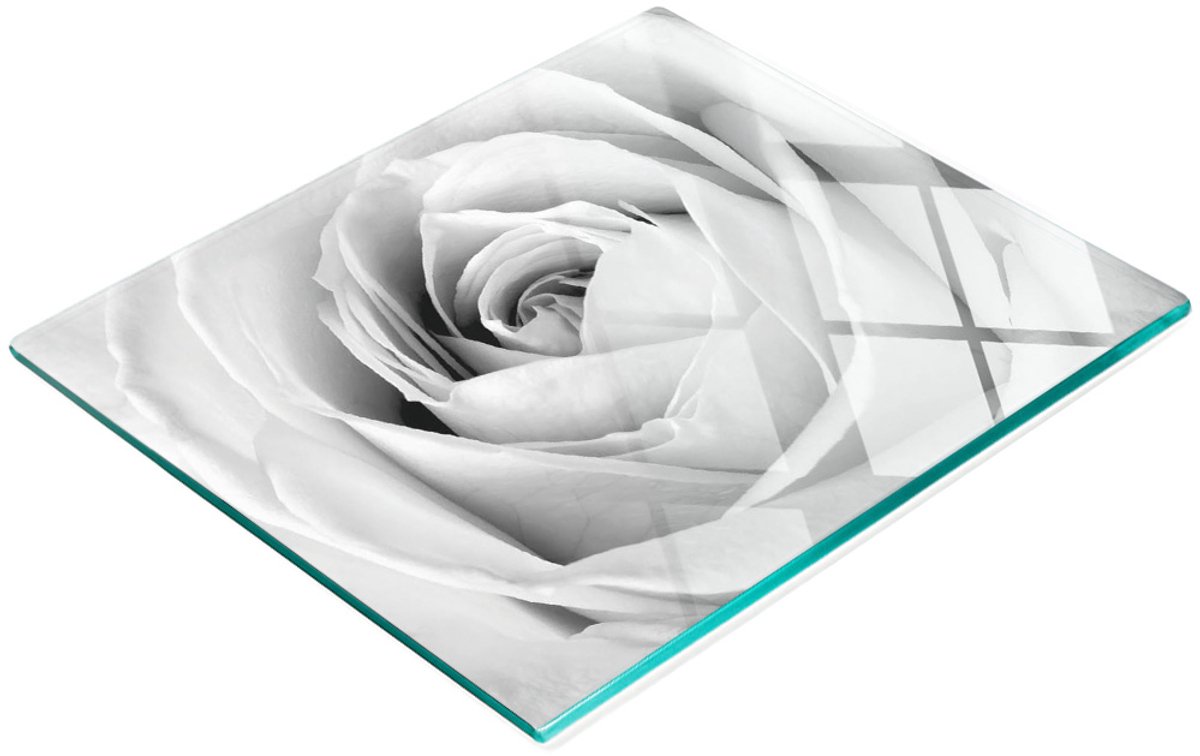Decoratieve snijplank van gehard glas met witte roos, 60x52 cm