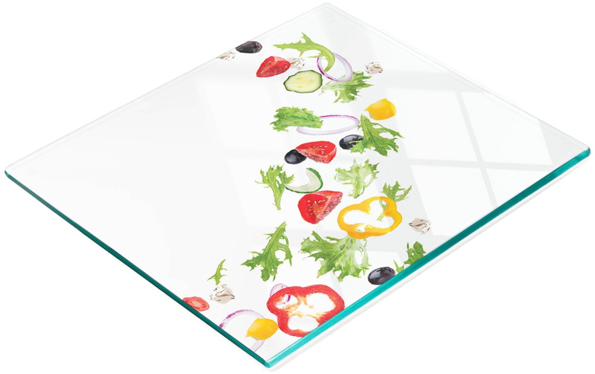 Duurzame en stijlvolle glazen snijplank met groentesaladepatroon, 60x52 cm
