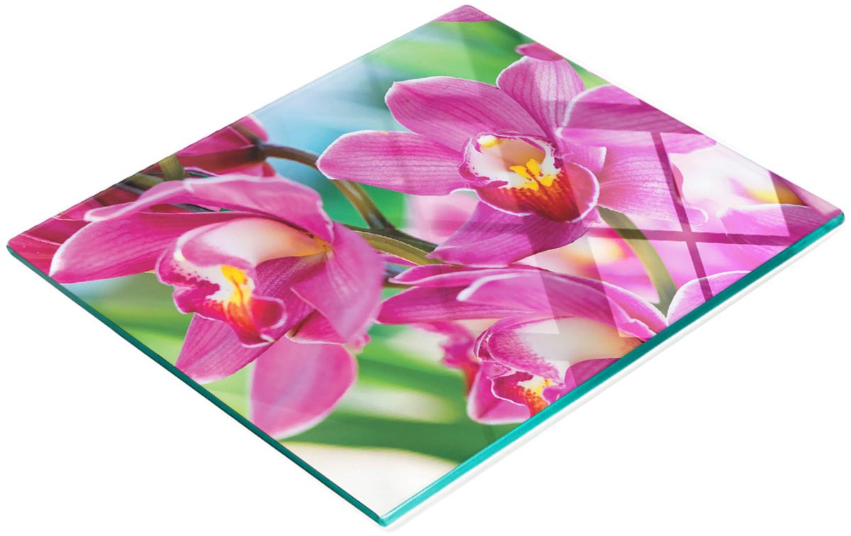 Glazen serveerplank met afbeelding van roze orchideeën, 60x52 cm