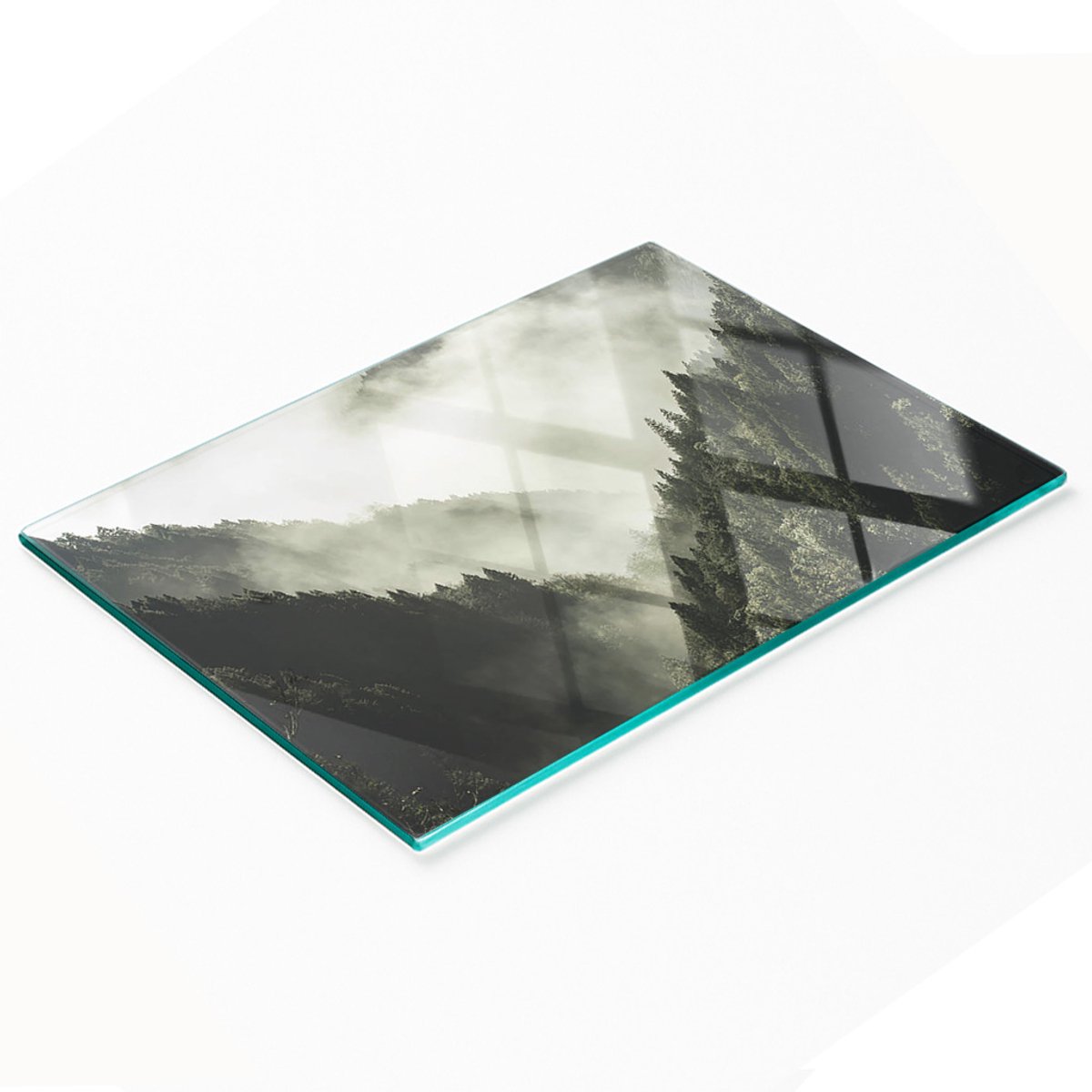 Keukenplank van gehard glas met decoratieve afbeelding van mist boven het bos, 80x52 cm