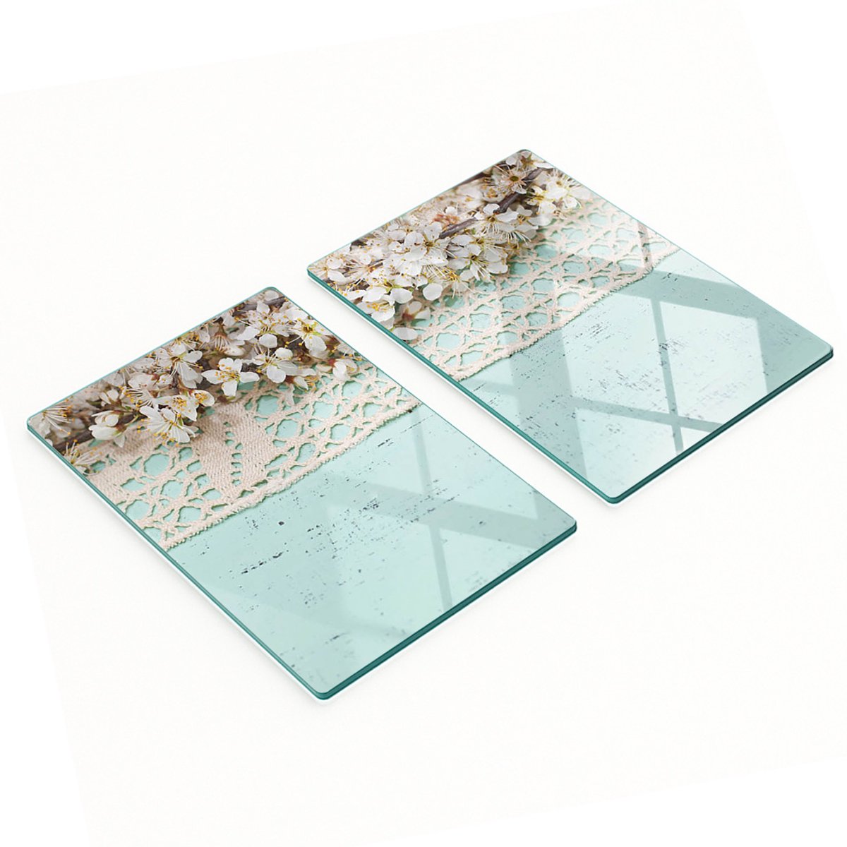 Twee decoratieve snijplanken van gehard glas met kersenbloesemmotief, 2x40x52 cm