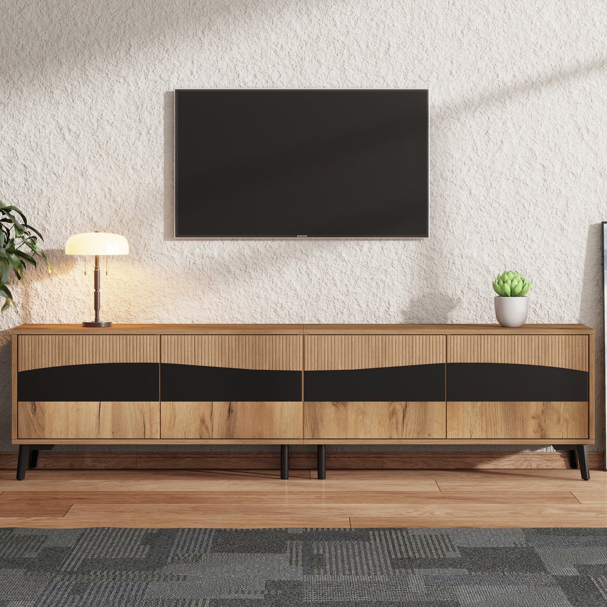 MODFU - TV-Meubel - Symmetrisch Ontwerp - 4 Kasten - Woonkamer - Spaanplaat - Naturel En Zwart - 180 x 40 x 50 cm