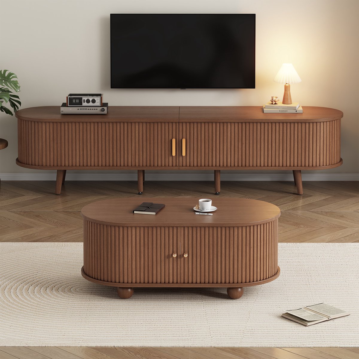 MODFU - TV-Meubel En Salontafelset - Met Opbergruimte - Modern Minimalistisch - Voor Woonkamer - MDF - Walnoot