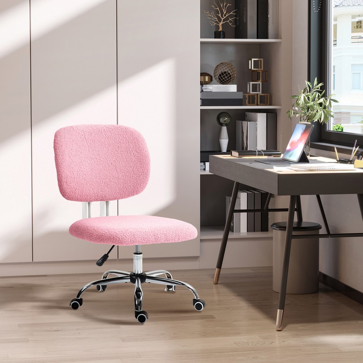 MODFU - Bureaustoel - In Hoogte Verstelbaar Zonder Armleuningen - Voor Thuiskantoor - Polyester - Roze - 48 X 53 X 80-90 Cm