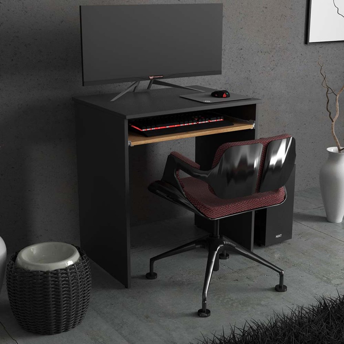 Klein computerbureau, grijs eikenhout, Wotan, 68 cm, 1 plank, gamingmeubel, schoolmeubel