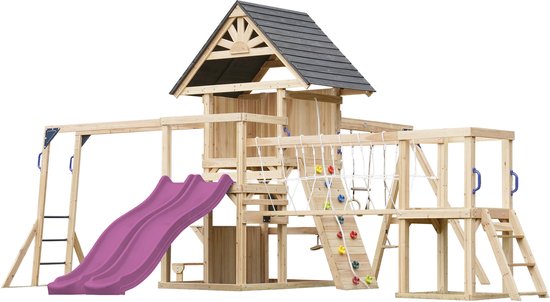 Houten speeltoestel met paarse dubbele glijbaan, schommels, klimrek en klimbrug.