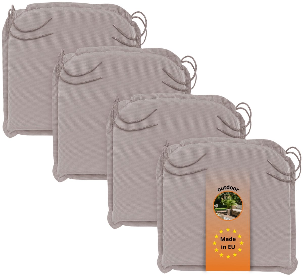 sleepling stoelkussens buiten - 4-delige set zitkussens 44x47 cm - met hoekbanden - hoogte 6 cm - als tuinstoelkussens, zitkussen of stoelkussens outdoor - Made in EU - 44 x 6 x 47 cm - taupe