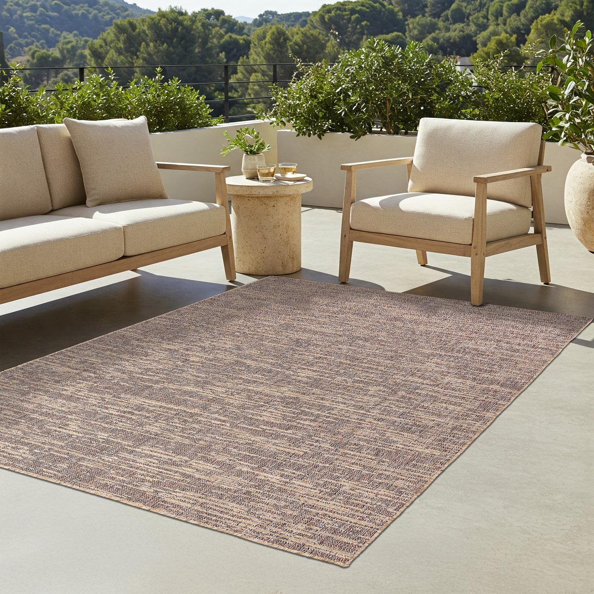 TAPISO Yucana Buitentapijt - Flatweave Vloerkleed Buiten & Binnen - Modern Buitenkleed Gestreept - Weerbestendig & UV-bestendig - Donkerbruin 200x300