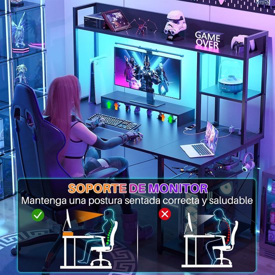 Gaming bureau met opzetstuk, monitorstandaard en opbergvakken, 120 cm computertafel met LED van Merkloos — afbeelding 2