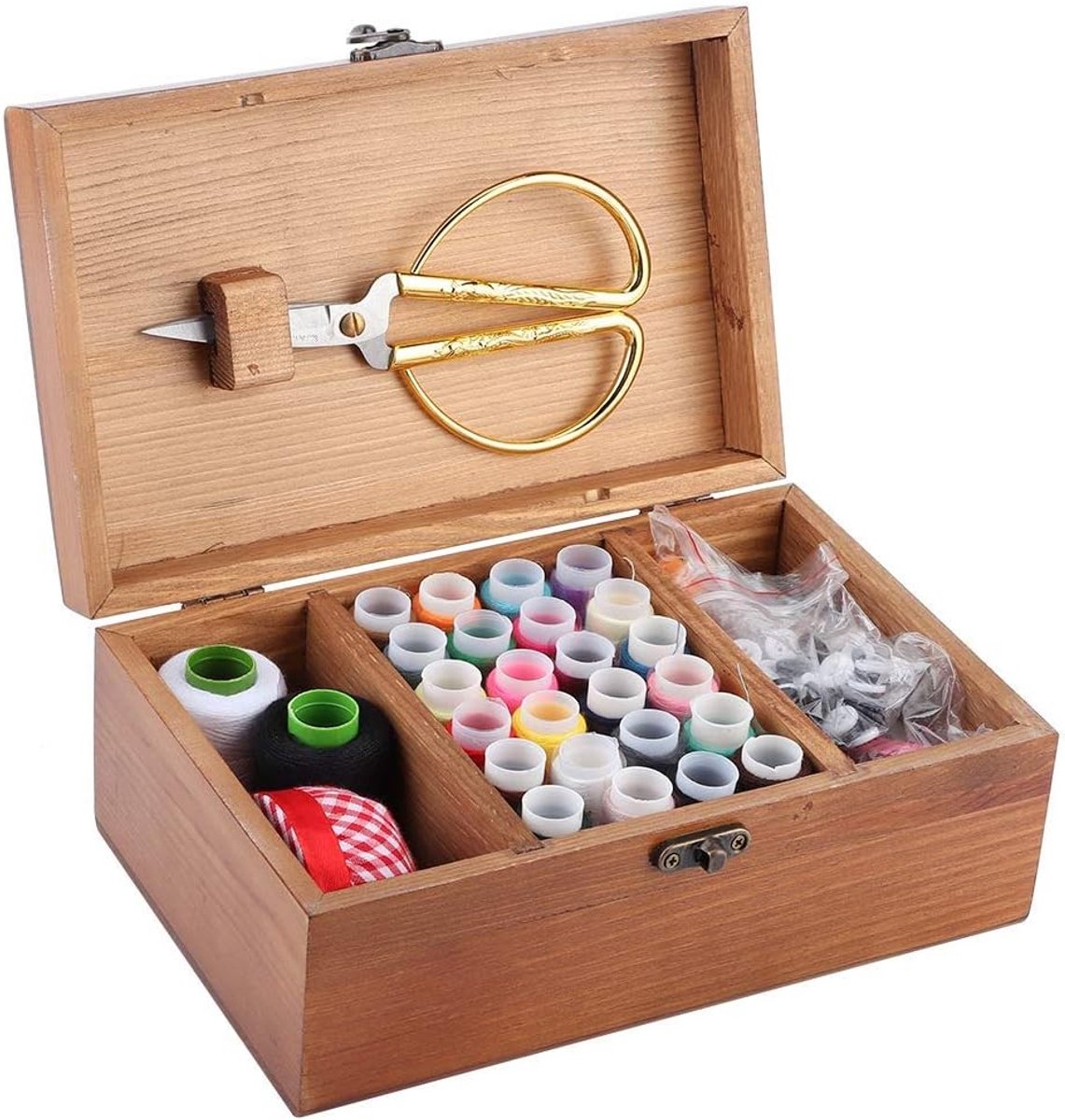 Houten naaidoos, naaimand, vintage houten naaidoos voor thuisgebruik, opbergdoos voor naalden en garen, organizer voor doe-het-zelf naaibenodigdheden (model naaidoos).