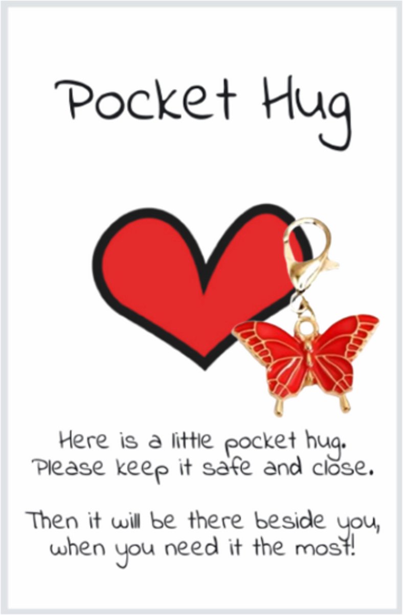 Pradeo - Vlinder Sleutelhanger - Gelukshanger - Hangertje - Vlindertje - Butterfly - Key Chain - Pocket Hug - Klein Cadeau / Geschenk - Met Kaartje Met Tekst - Rood