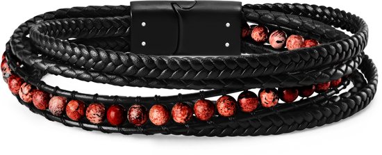 Zwarte gevlochten leren armband met rijen rode keizerlijke jaspis kralen en zwarte magneetsluiting.