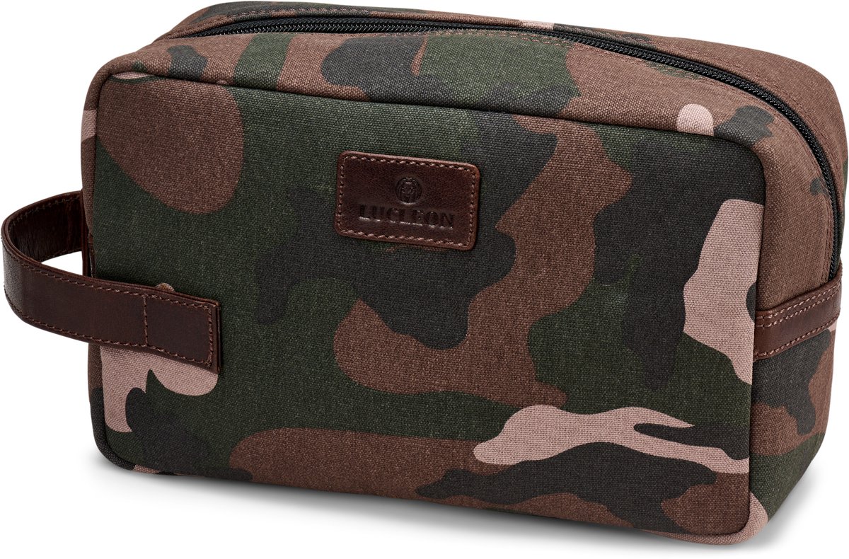 Camouflage toilettas van canvas en buffelleer met bladpatroon