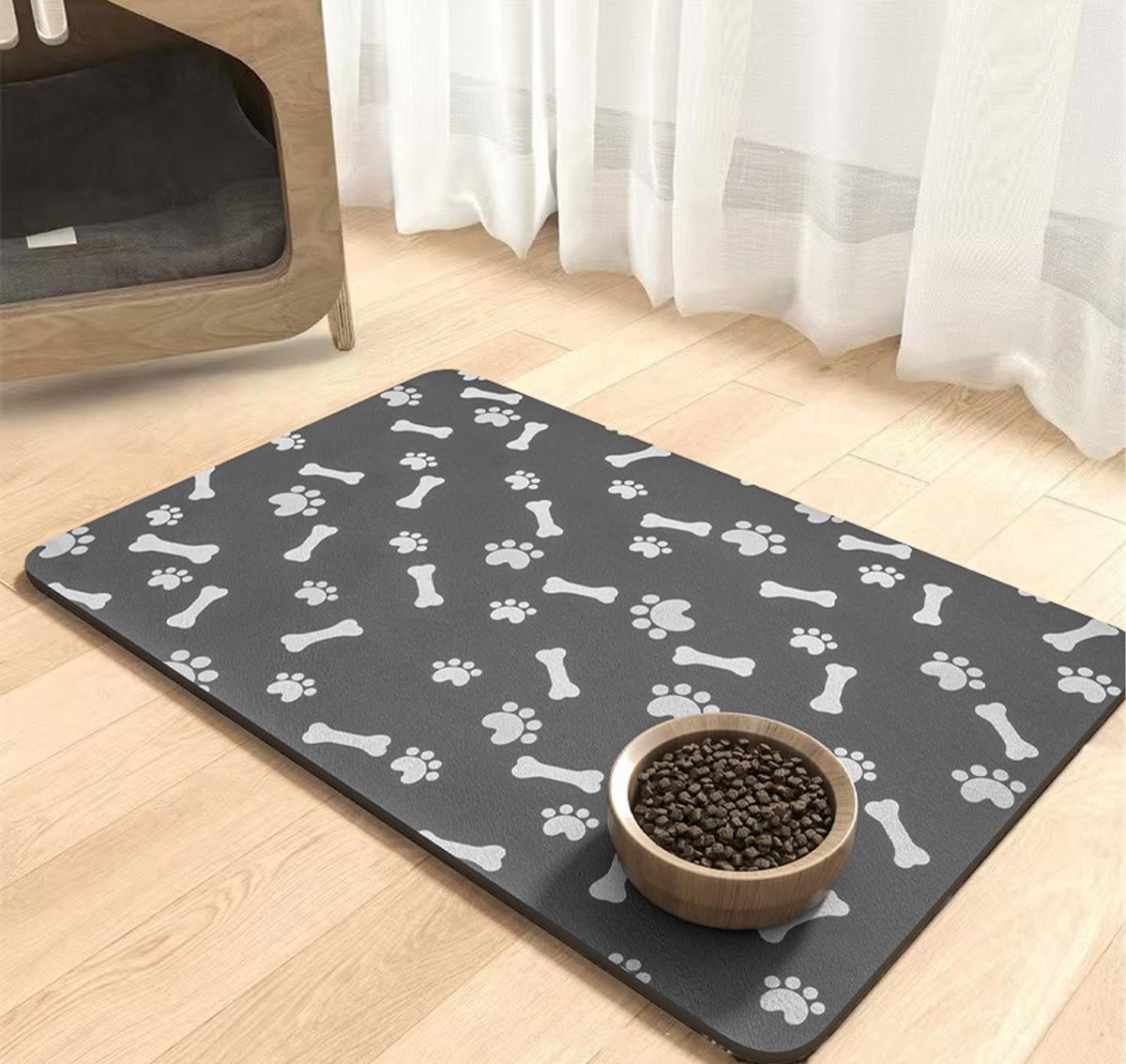 Antislip Voerbakmat voor Hond en Kat - Absorberend en Waterdicht - 60x40 cm Zwart