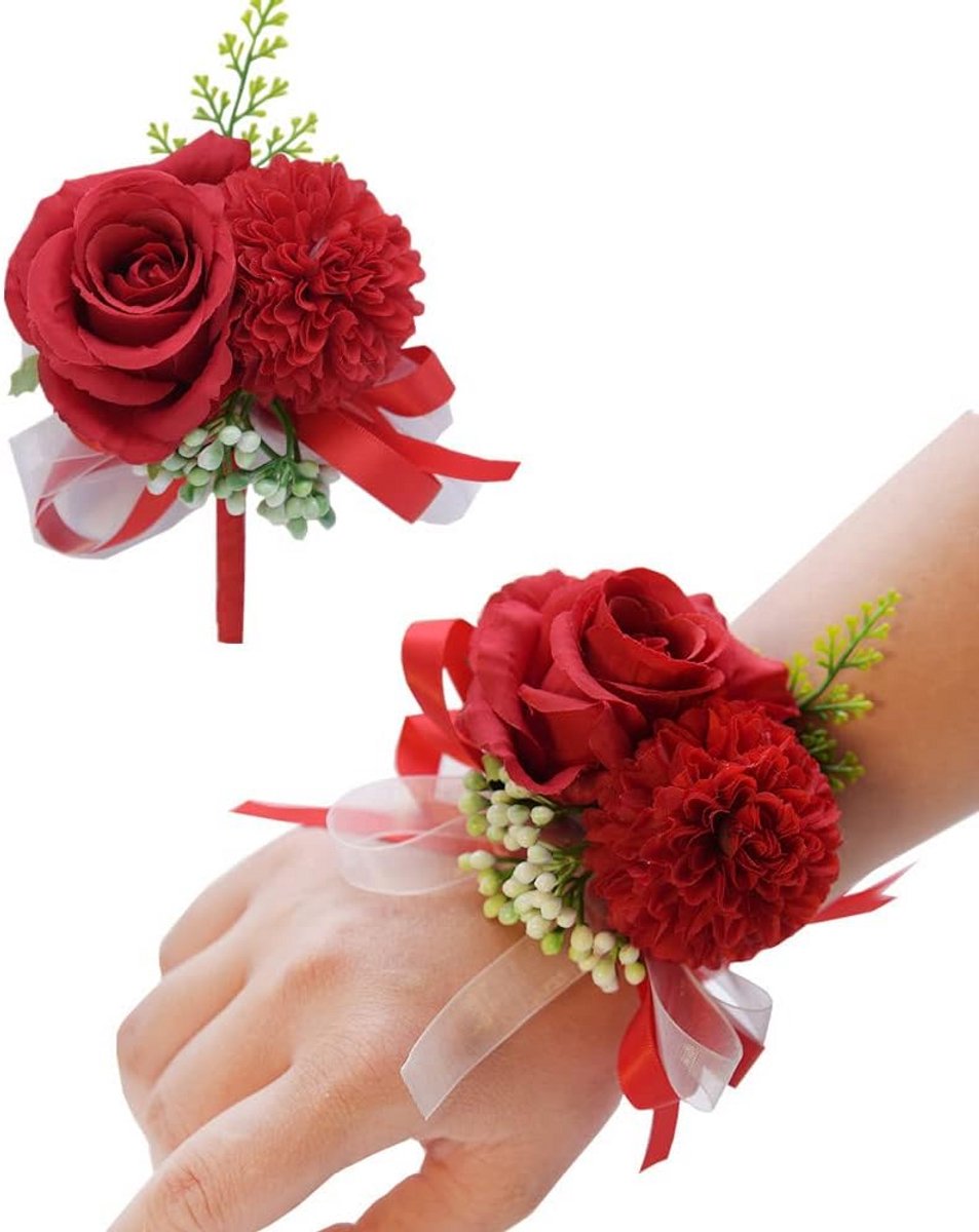 Set van 2 Roze Polscorsage en Boutonnière voor Bruiloft en Feest