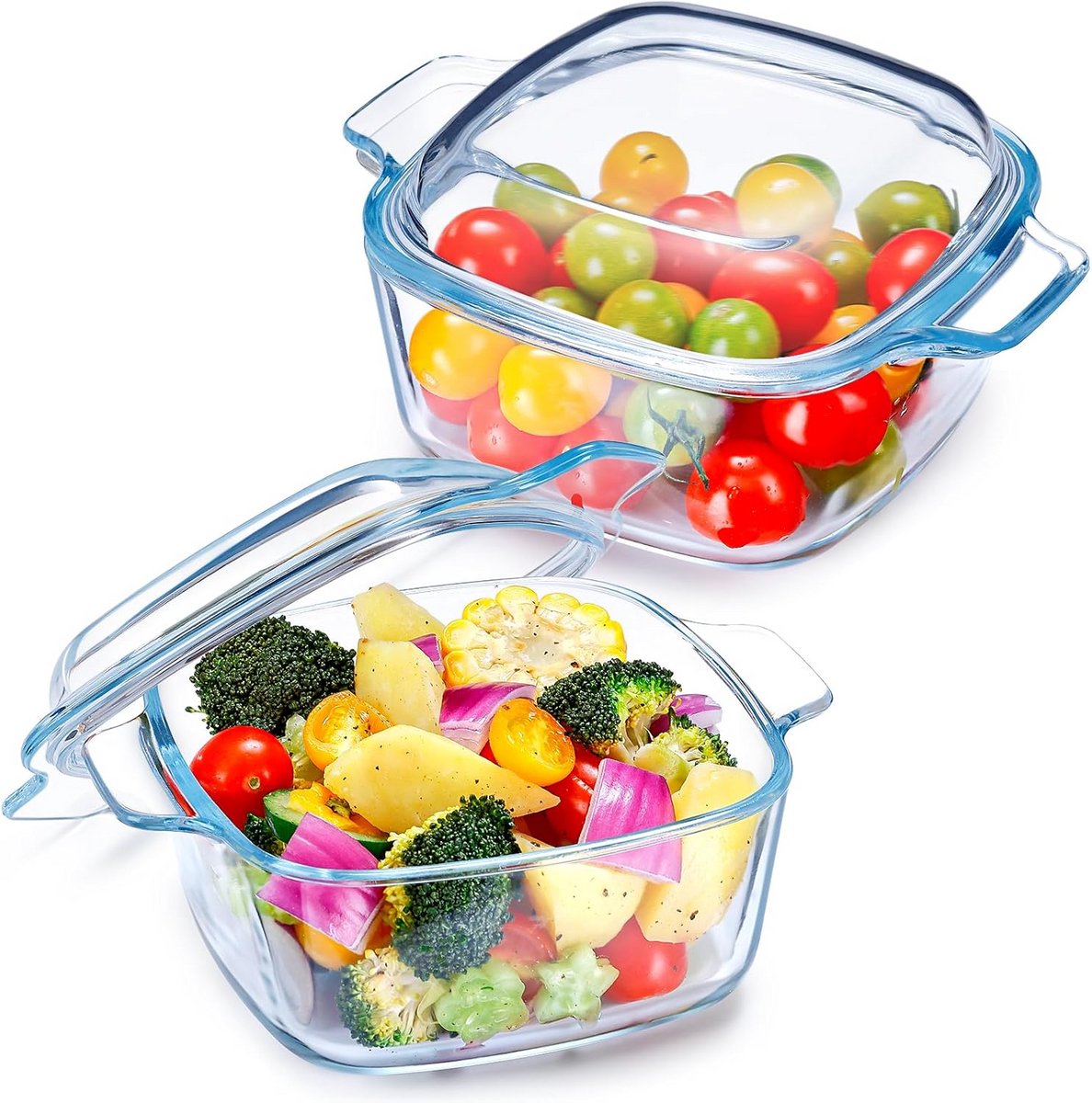 Set van 2 Vierkante Glazen Ovenschalen met Deksel, 1L Capaciteit
