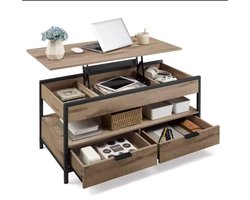 Salontafel met Lift-Top – In Hoogte Verstelbaar – Ideaal voor Werken & Eten op de Bank – Met Lades en Open Vak - Camel Brown/Zwart