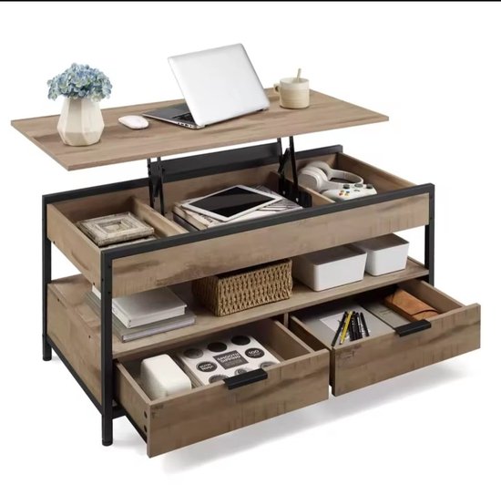 Salontafel met Lift-Top – In Hoogte Verstelbaar – Ideaal voor Werken & Eten op de Bank – Met Lades en Open Vak - Camel Brown/Zwart