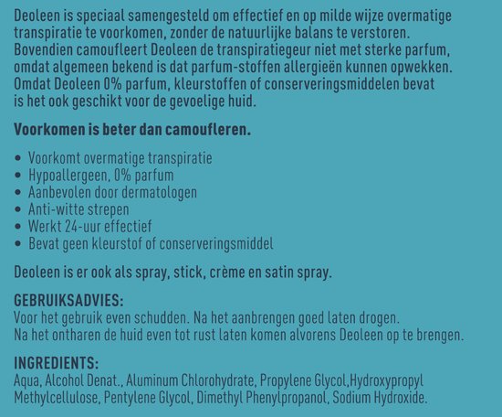 Deoleen Anti-transpirant - Roller Regular - Voorkomt overmatige transpiratie en transpiratiegeur - 48 uur effectief - 0% parfum - Dermatologisch getest - Deodorant - 50 ml