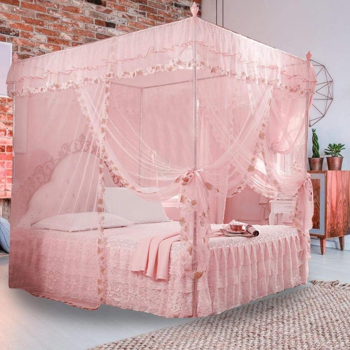 Allecto - Bedgordijn - Luxe - Roze - Prinsessen - Muggennet - Hemelbed - Shanbor Bedgordijn, duurzaam pool-bedgordijn, luxe prinsessen-slaapkamer, muggennet, hemelbed, roze (150 x 200 x 200 cm).