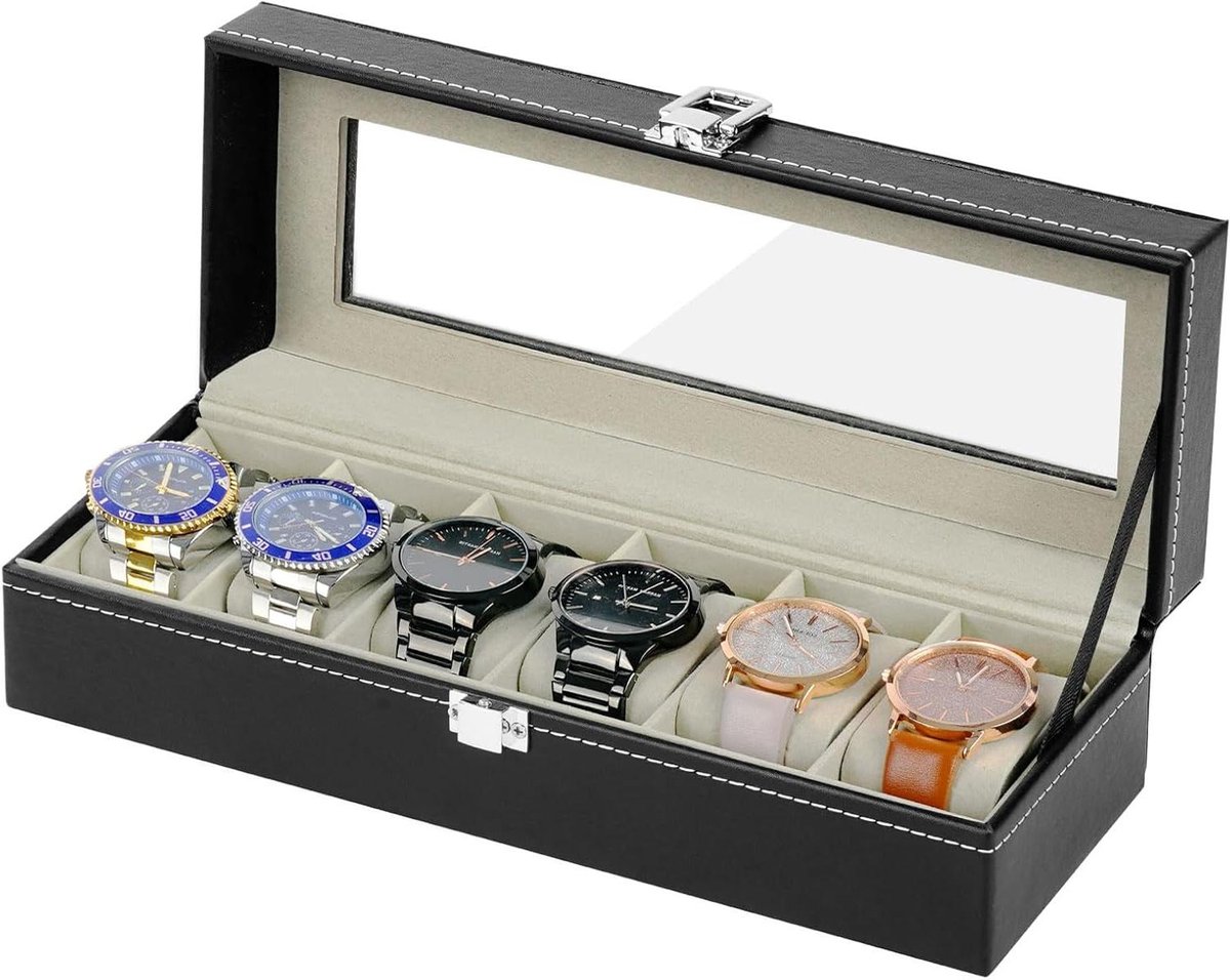 Horlogeopbergbox met verwijderbare kussentjes en glazen deksel voor 6 horloges - Zwart - Sieraden en armbanden opbergen