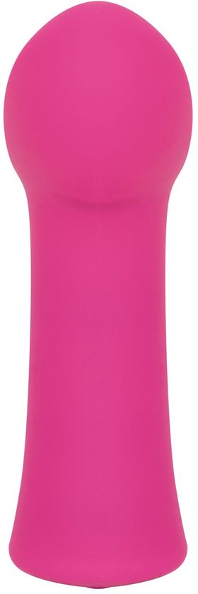 Rechtopstaande roze vibrator met een lange, taps toelopende steel en een afgeronde bovenkant.