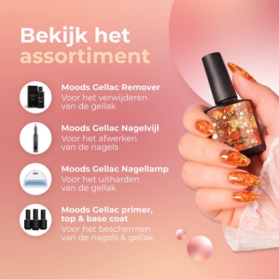 Nagel met oranje glitter gellak en een flesje Moods Gellac 'Autumn Glow Fall Firefly'.