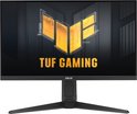 Een zwarte ASUS TUF Gaming monitor met het TUF Gaming logo op het scherm, op een witte achtergrond.
