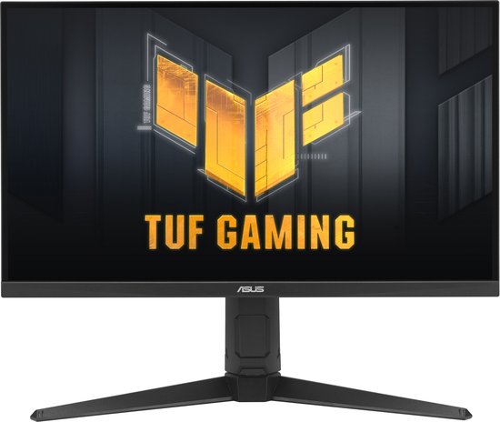 Een zwarte ASUS TUF Gaming monitor met het TUF Gaming logo op het scherm, op een witte achtergrond.