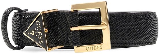Zwarte Guess riem met goudkleurige gesp en driehoekig Guess logo.