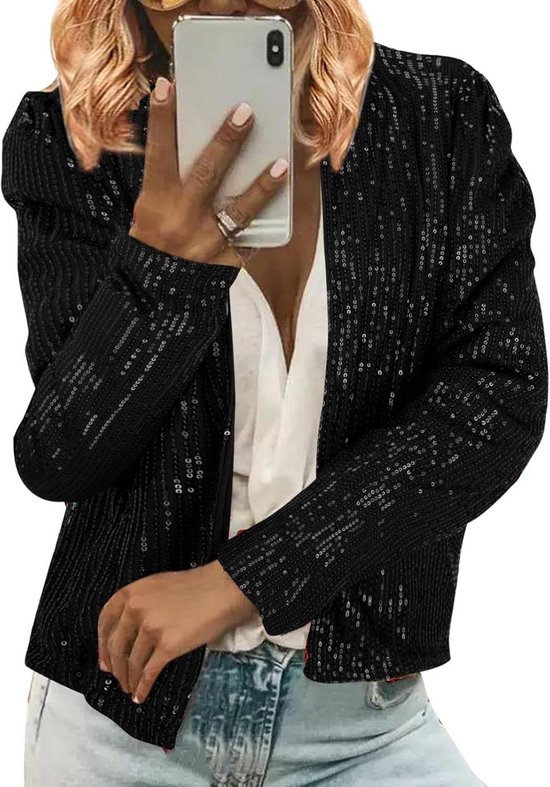 Een zwart glitter dames vest met ronde hals en lange mouwen, versierd met pailletten.