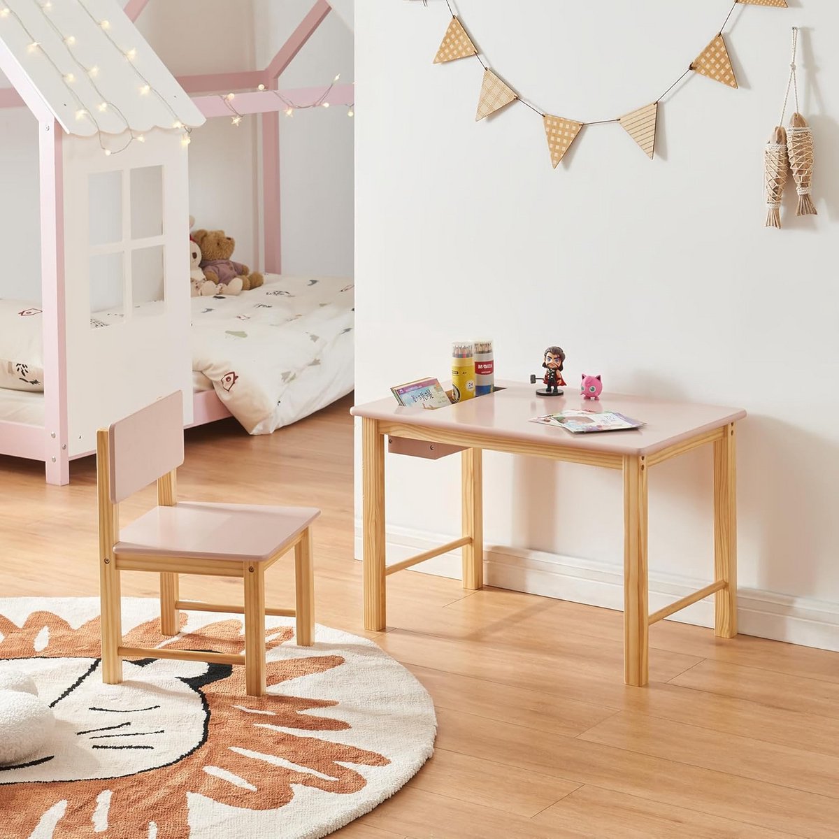 Houten Kindertafel met Stoel - Speeltafel met Opbergvak - Natuurlijk Hout en Roze