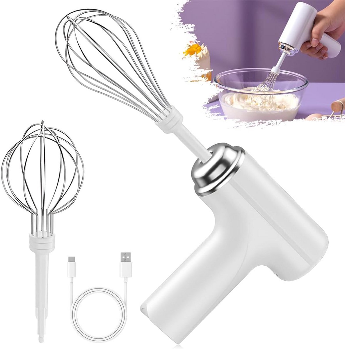 Elektrische Handmixer met 3 Snelheden en USB Opladen - Wit