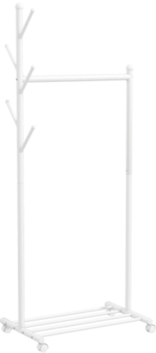 Kledingrek op wielen mobiel kledingstandaard 68 x 43 x 171 cm met hangstok 5 haken schoenenrek wit Kledinghanger Voorzien van een 61 cm lange hangstang en een hoogte van 133 cm Gemaakt van metaal, stevig en duurzaam