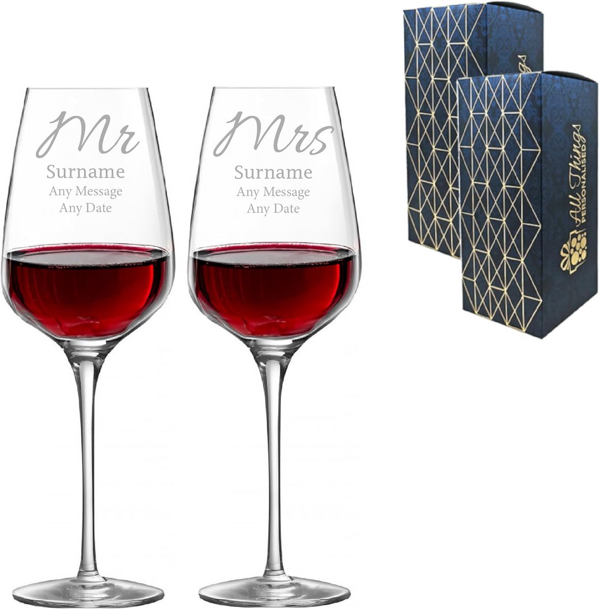 Gegraveerde Wijnset voor Stellen: Gepersonaliseerde Mr & Mrs Glazen in Geschenkdoos