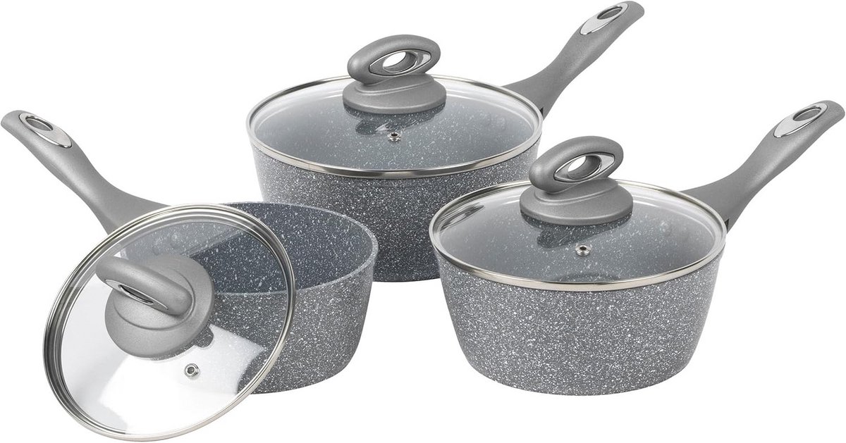 3-delige Steelpan Set met Antiaanbaklaag en Marmeren Effect - Geschikt voor Inductie