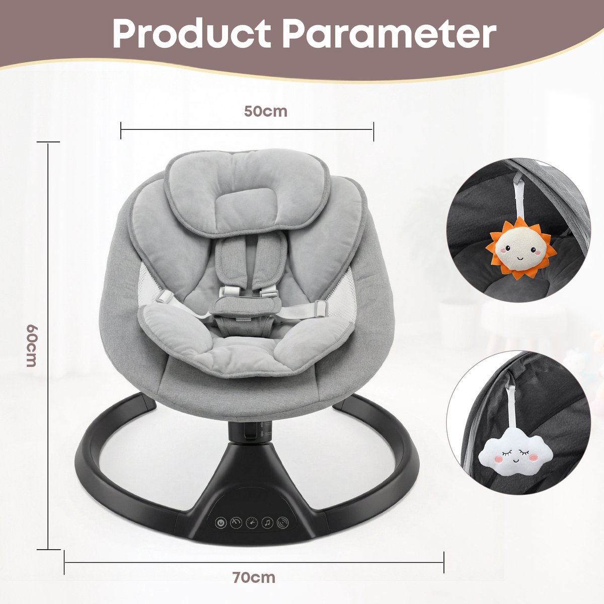 3Babies Elektrische Babyschommel – Grijs en Zwart thumbnail 6