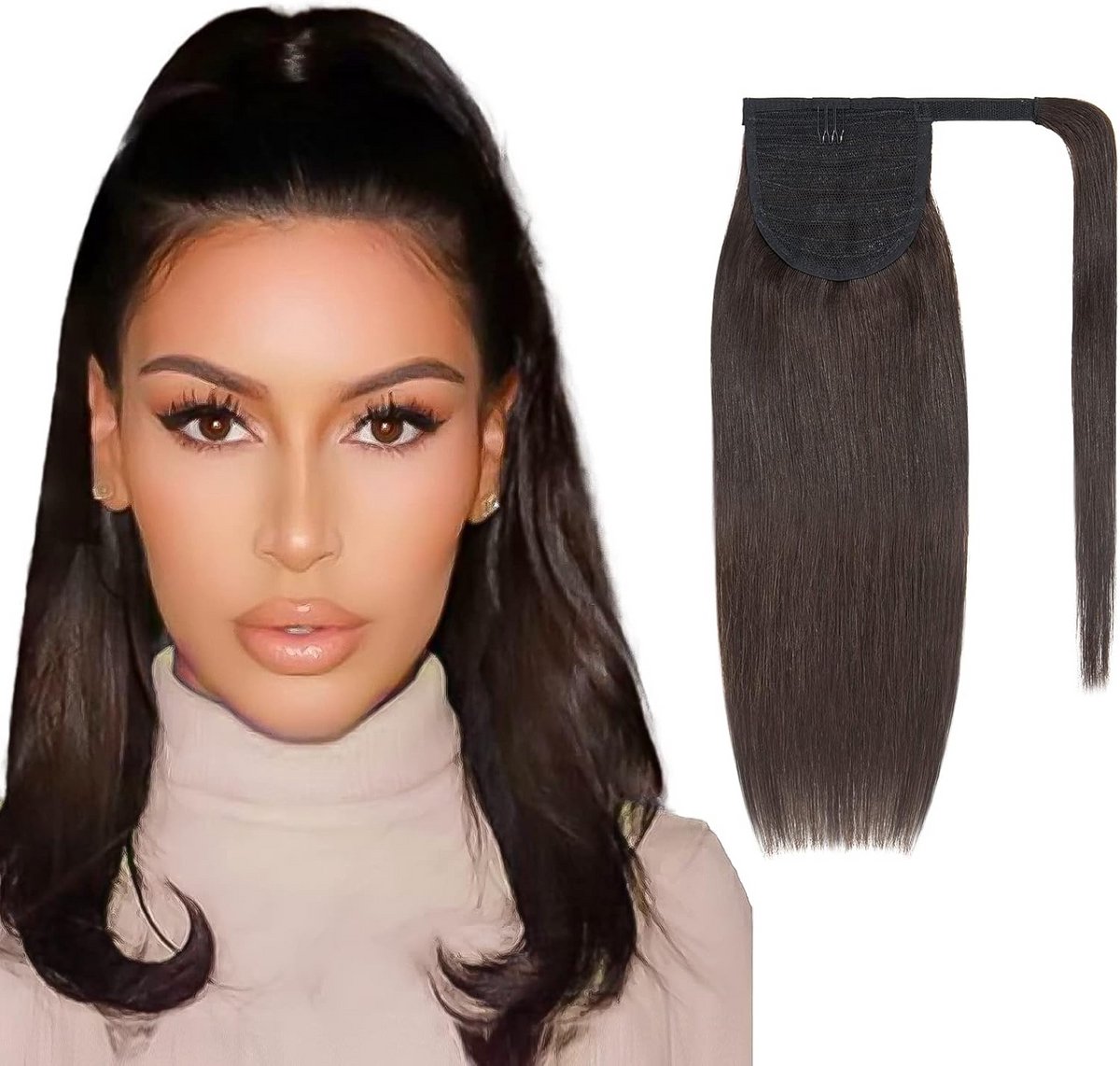 Echte Haar Paardenstaart Extensie Clip-In Vlecht Remy Haarstukje Donkerbruin 35 cm