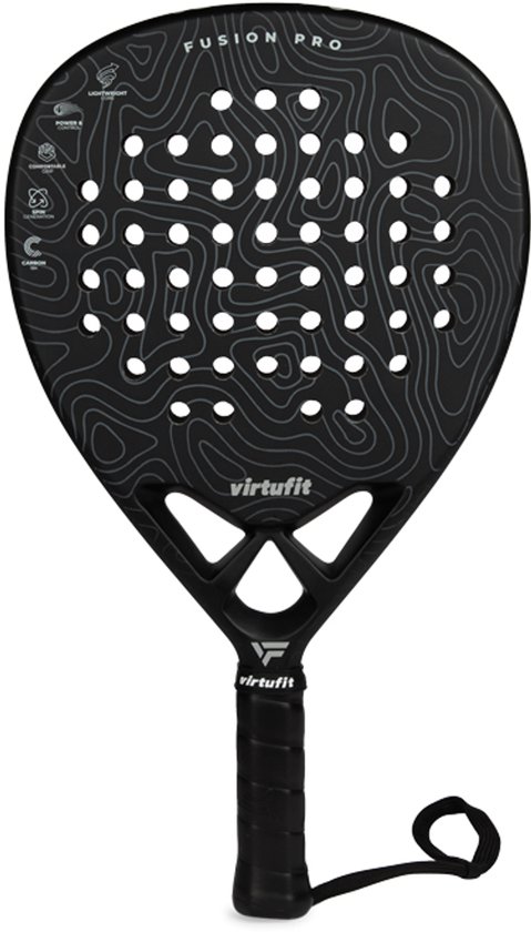 Zwarte padelracket met grijs lijnpatroon en zwarte stippen. Tekst: FUSION PRO, virtufit. Met polskoord.