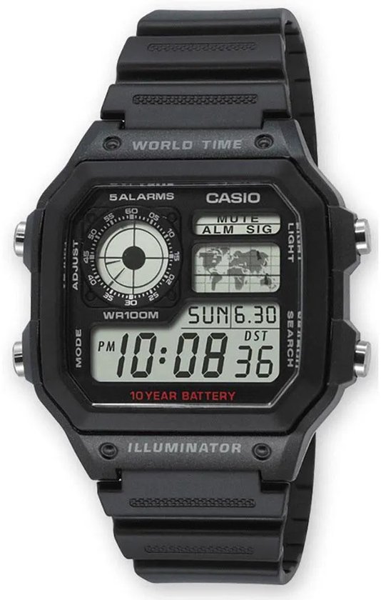 Zwarte Casio World Time horloge met wereldkaart op de wijzerplaat en digitale tijdweergave.