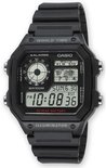 Zwarte Casio World Time horloge met wereldkaart op de wijzerplaat en digitale tijdweergave.
