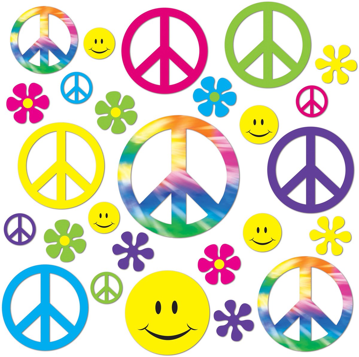 360 DEGREES - 42 kartonnen decoraties hippie peace, smileys en bloemen