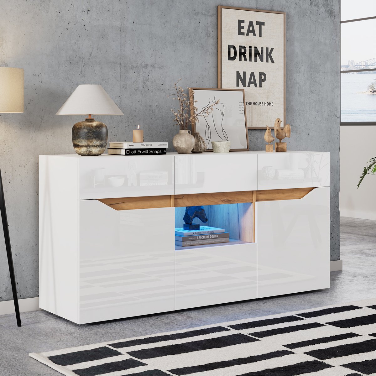 Clruro Dressoir - 140x40x70 cm - Hoogglans met 4 Laden - LED en Greeploos - Spaanplaat - Wit en Houtkleur