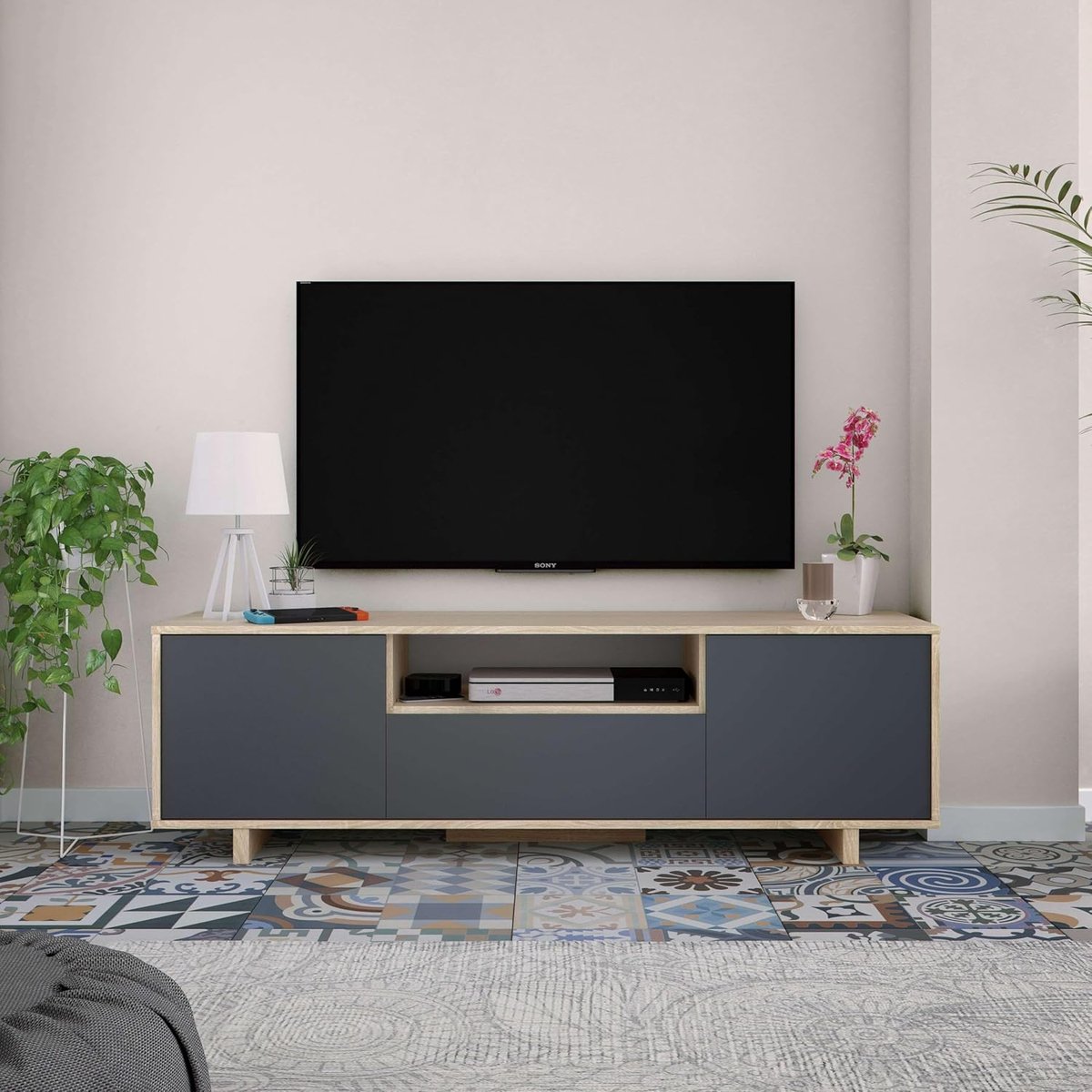 TV-meubel lowboard – Urbanhome Zaira Modern TV-kast 150 cm – Canadees eiken & antraciet – Met 2 draaideuren en klapdeur – Woonkamermeubel